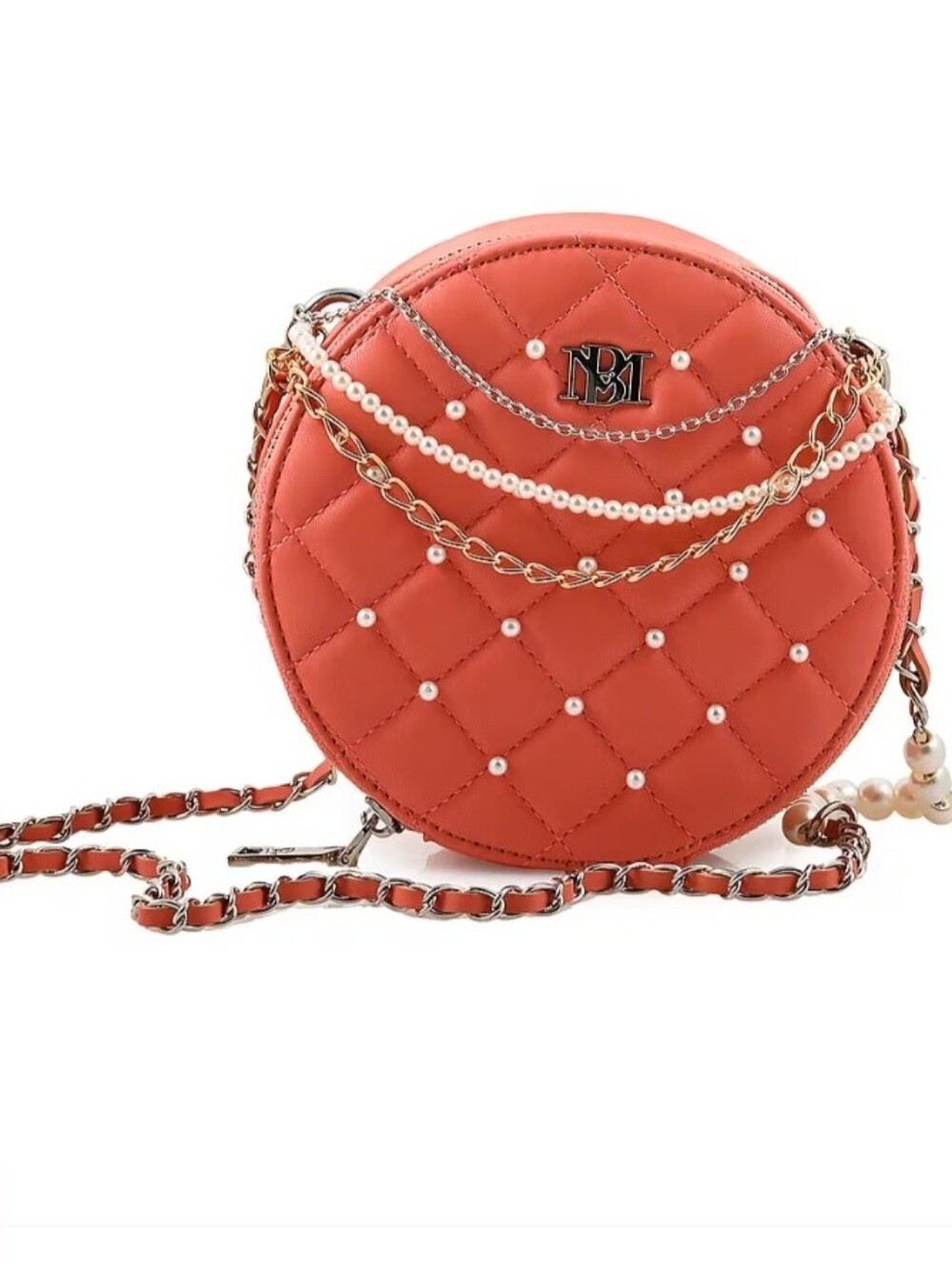Badgley Mischka Coral Quilted Vegan Leather Round Crossbody Bag Pearl Accents